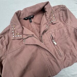 Baccini Utility Jacket dusty rose gold and silver stud accents cinch waist M